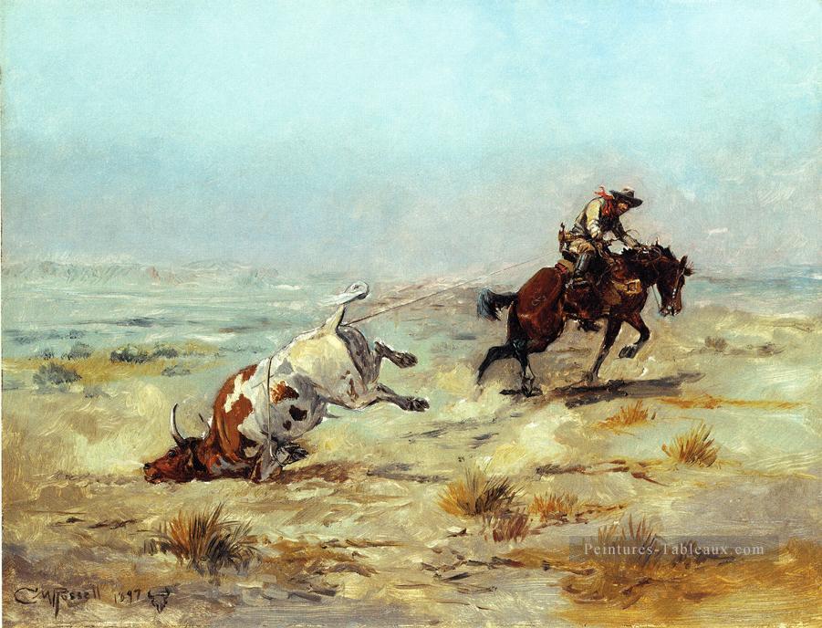 Lassoing un cow boy Steer Charles Marion Russell Indiana Peintures à l'huile